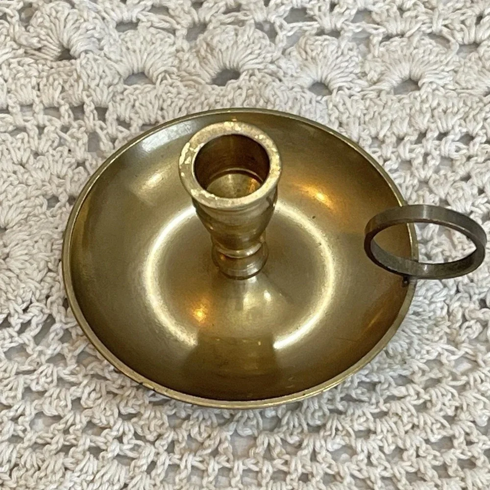 Vintage 1980s Solid Brass Mini Finger Loop Drip Tray Stick Candle Holder India